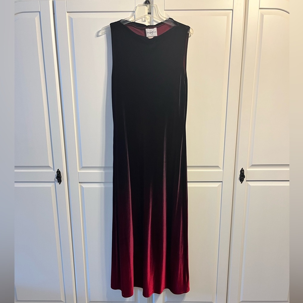 Vintage Red Ombré Velvet Sleeveless Mock Neck Sheath Maxi Dress